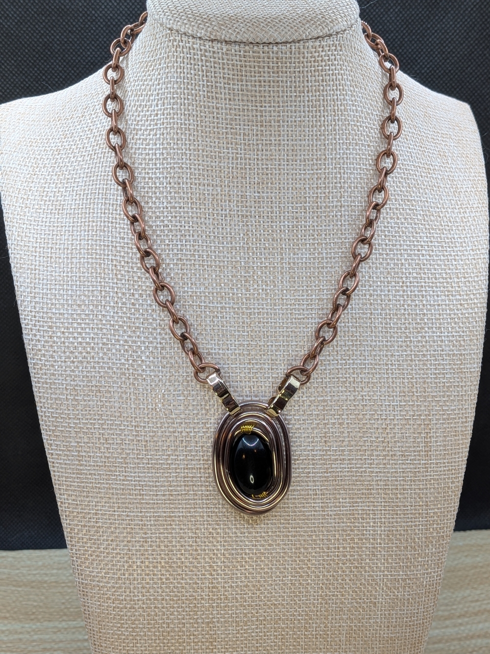 Handmade Copper Chain Necklace with Black Wire Wrapped Pendant